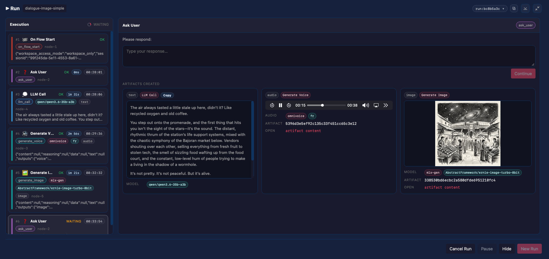 One turn producing text, voice audio, and a generated image