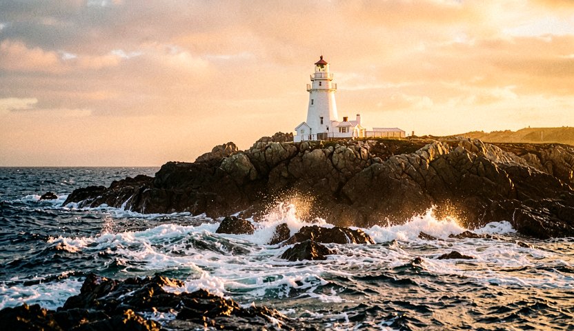 Before: the source still, a white lighthouse on a rocky headland at golden hour, waves breaking on dark rocks