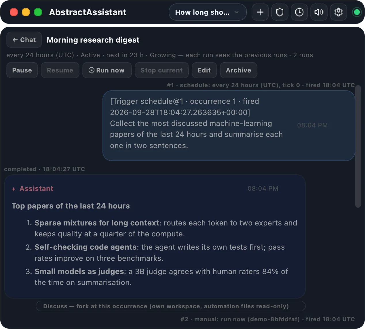 An automation opened in the palette: ← Chat, the title Morning research digest, the line every 24 hours (UTC) · Active · next in 23 h · Growing · 2 runs, the controls Pause, Resume, Run now with its play-in-a-circle icon, Stop current, Edit and Archive, then run #1 as a chat turn with its task and the answer listing three papers