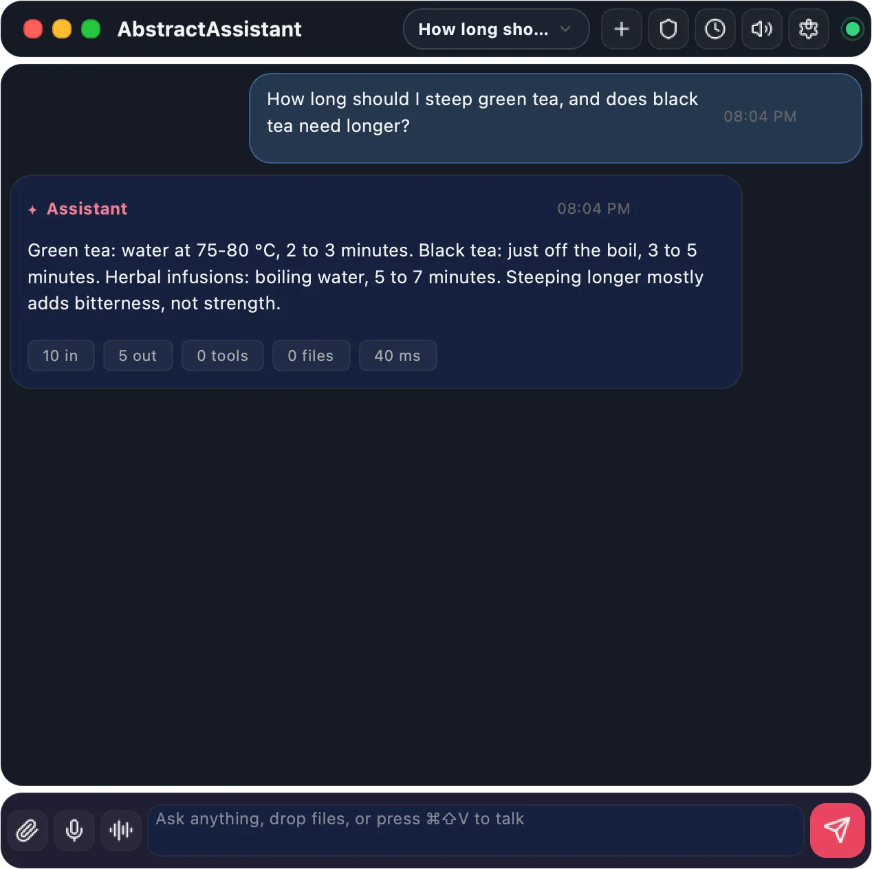 The AbstractAssistant palette with a conversation