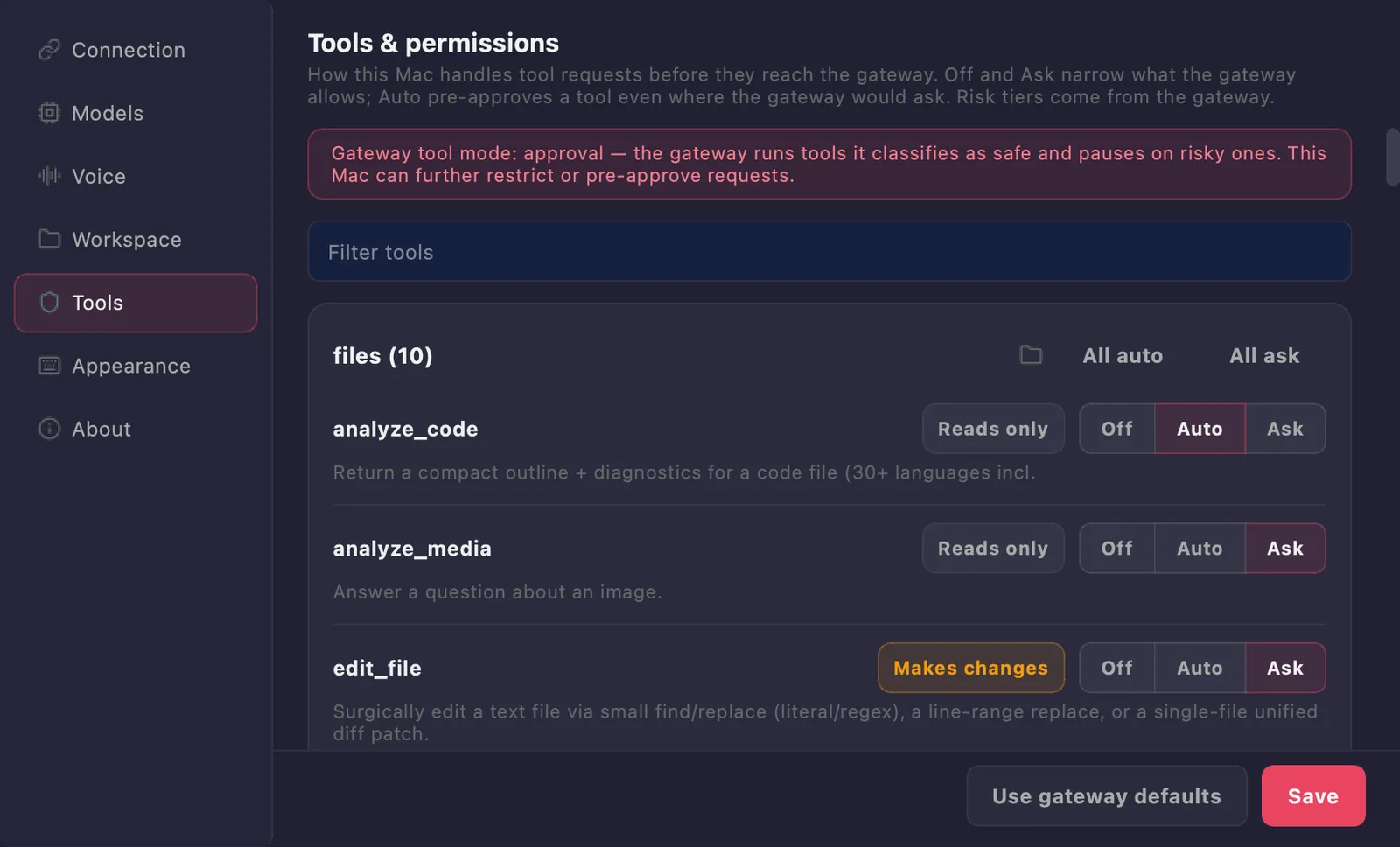 The Settings window on Tools & permissions: the sidebar lists Connection, Models, Voice, Workspace, Tools, Appearance and About; the page shows the gateway's tool mode (approval), a tool filter, and the files toolset with analyze_code (Reads only, Auto), analyze_media (Reads only, Ask) and edit_file (Makes changes, Ask), and the buttons Use gateway defaults and Save