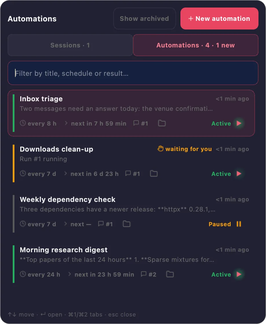 The switcher on its Automations tab: Show archived and + New automation at the top, then four automations. Inbox triage, every 8 hours, Active; Downloads clean-up, every 7 days, marked waiting for you, Active; Weekly dependency check, every 7 days, next —, Paused; Morning research digest, every 24 hours, run #2, Active