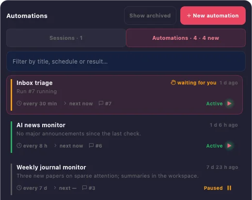The Assistant's session switcher on the Automations tab: four automations with their interval, next run, state (Active or Paused) and one marked waiting for you
