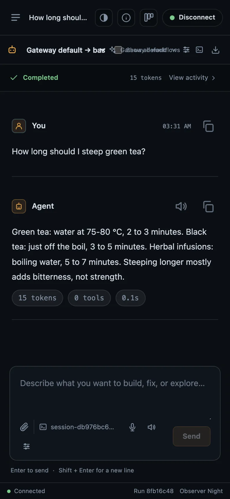 AbstractCode web on a phone: the question "How long should I steep green tea?" and the agent's answer about steeping times, with the message box below