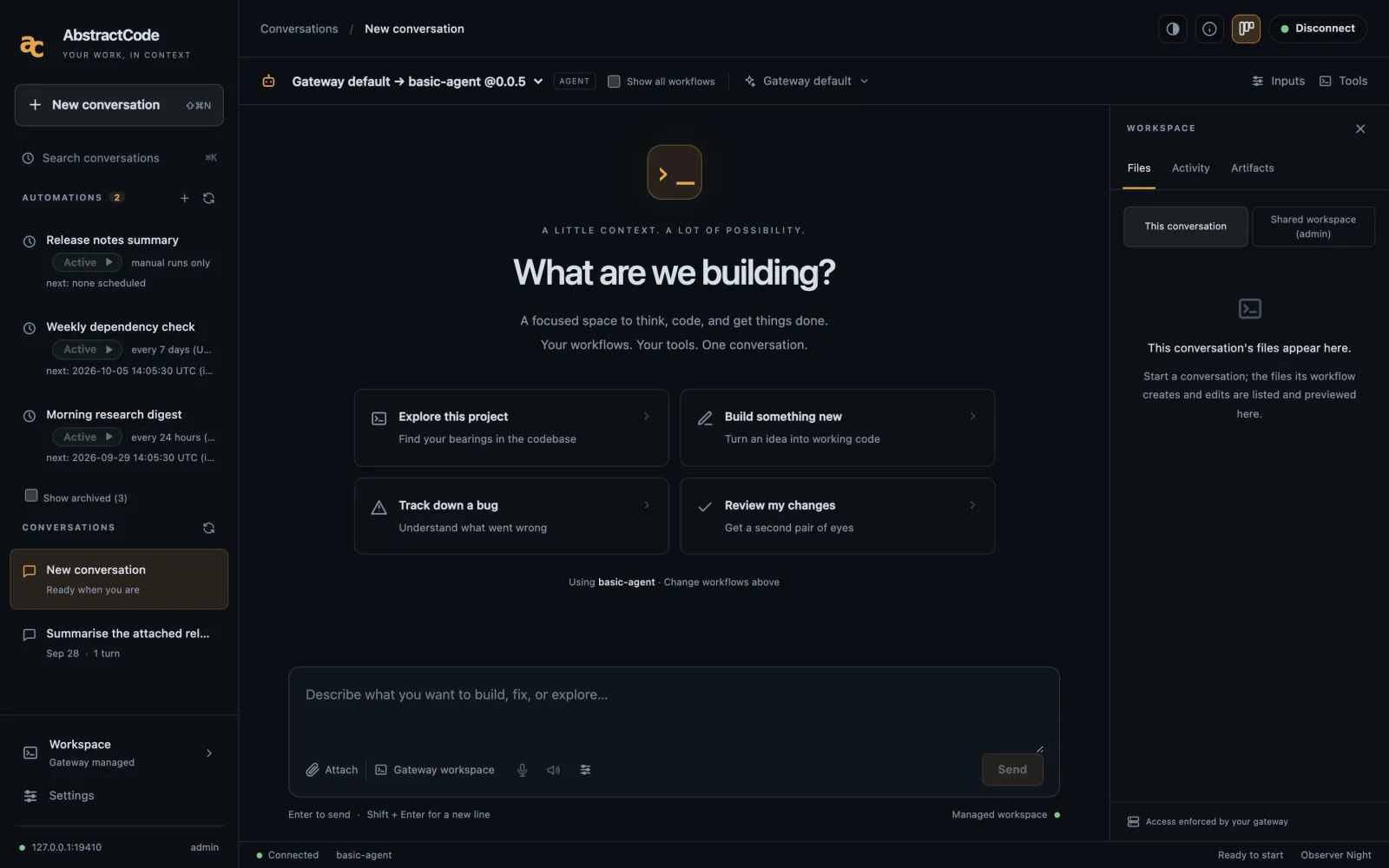 The AbstractCode web client at /apps/code/: the sidebar with New conversation, an Automations section listing three demo automations and the conversations; a start screen with four starter cards; the Workspace panel with Files, Activity and Artifacts tabs