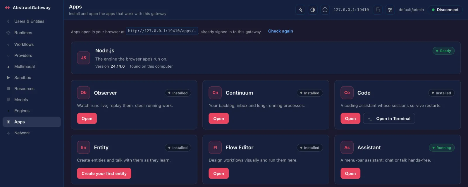 The web console's Apps tab: Node.js ready, then Observer, Continuum, Code, Entity, Flow Editor and Assistant cards with Open buttons