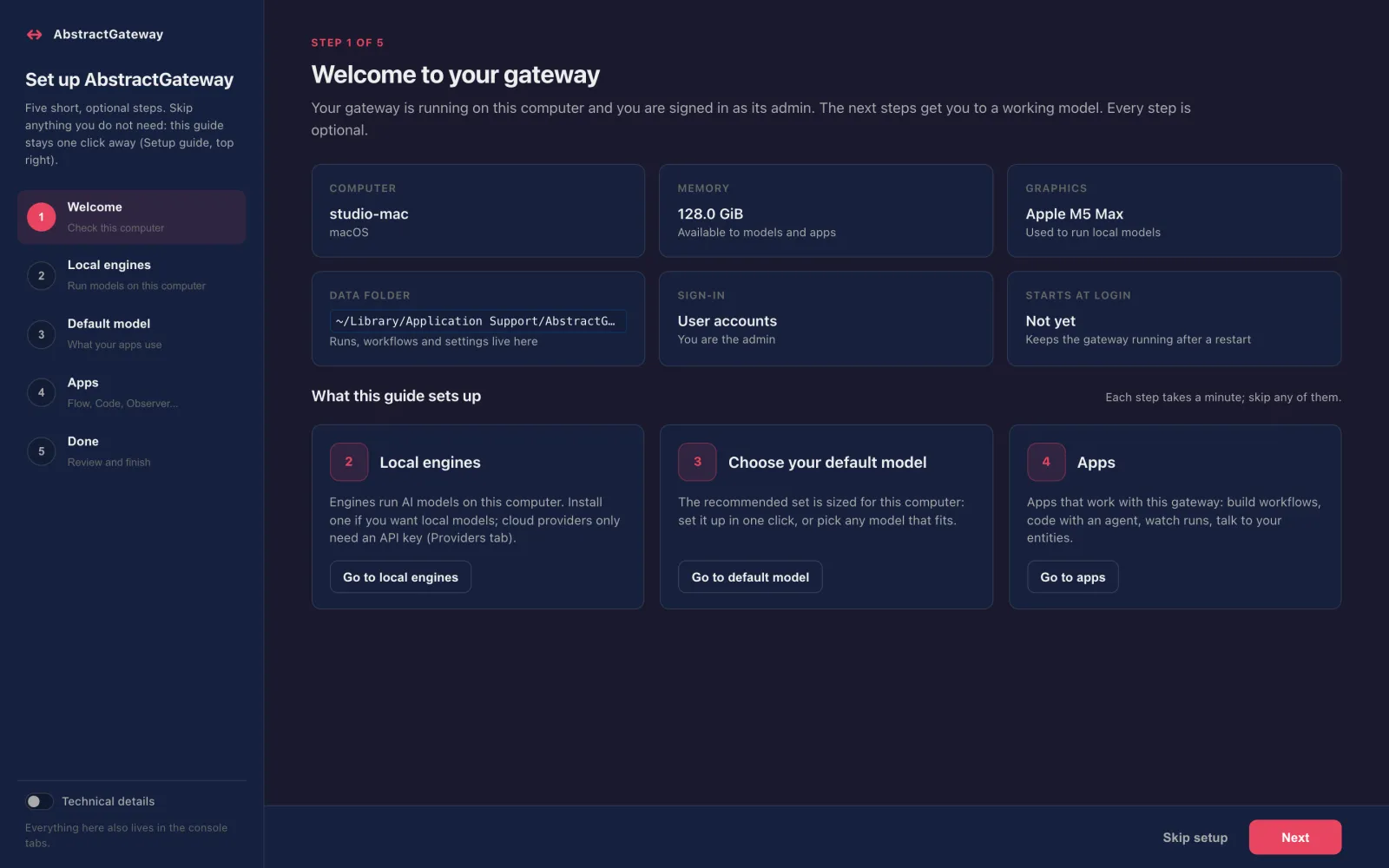The gateway web console's first-run guide, step 1 of 5, showing this machine's memory, GPU, data folder and sign-in mode
