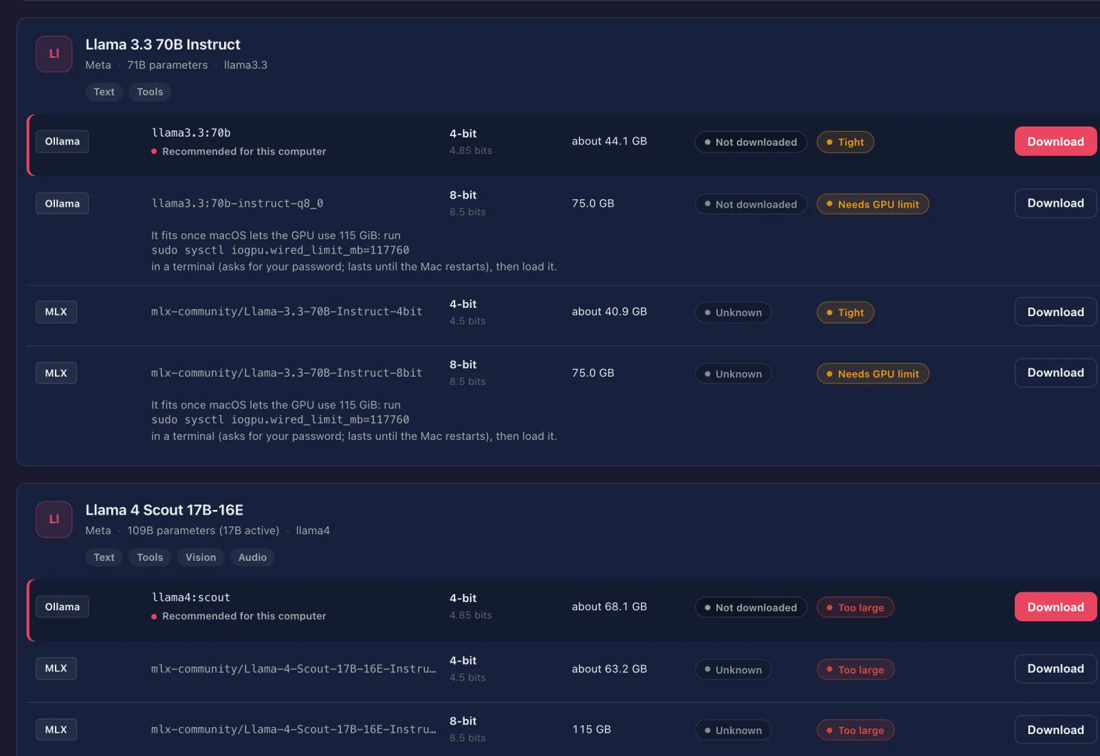 The web console's Models tab searched for llama: Llama 3.3 70B builds marked Tight and Needs GPU limit, with the sudo sysctl command that raises the Mac GPU memory limit, and Llama 4 Scout builds marked Too large