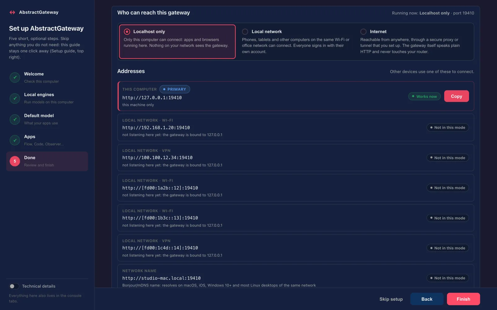 The web console's network choice: Localhost only selected, with Local network and Internet options and the list of addresses a client can use