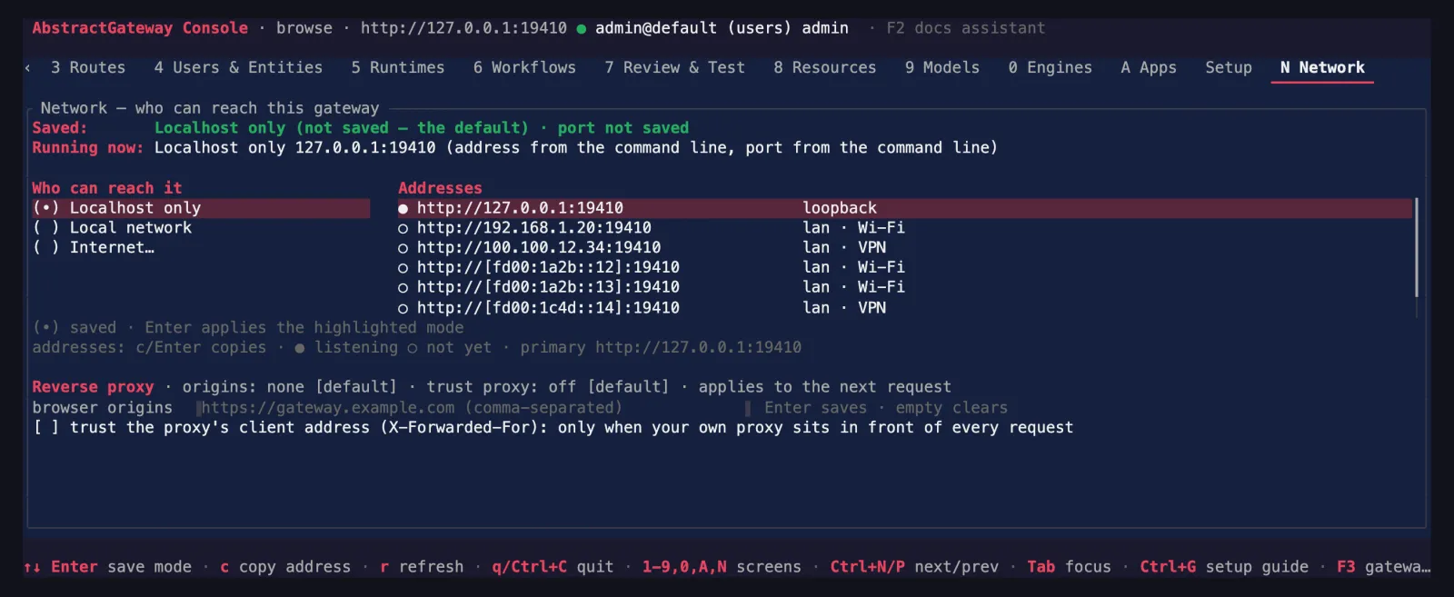The terminal console's Network screen: Localhost only selected, Local network and Internet options, the address list and reverse-proxy settings