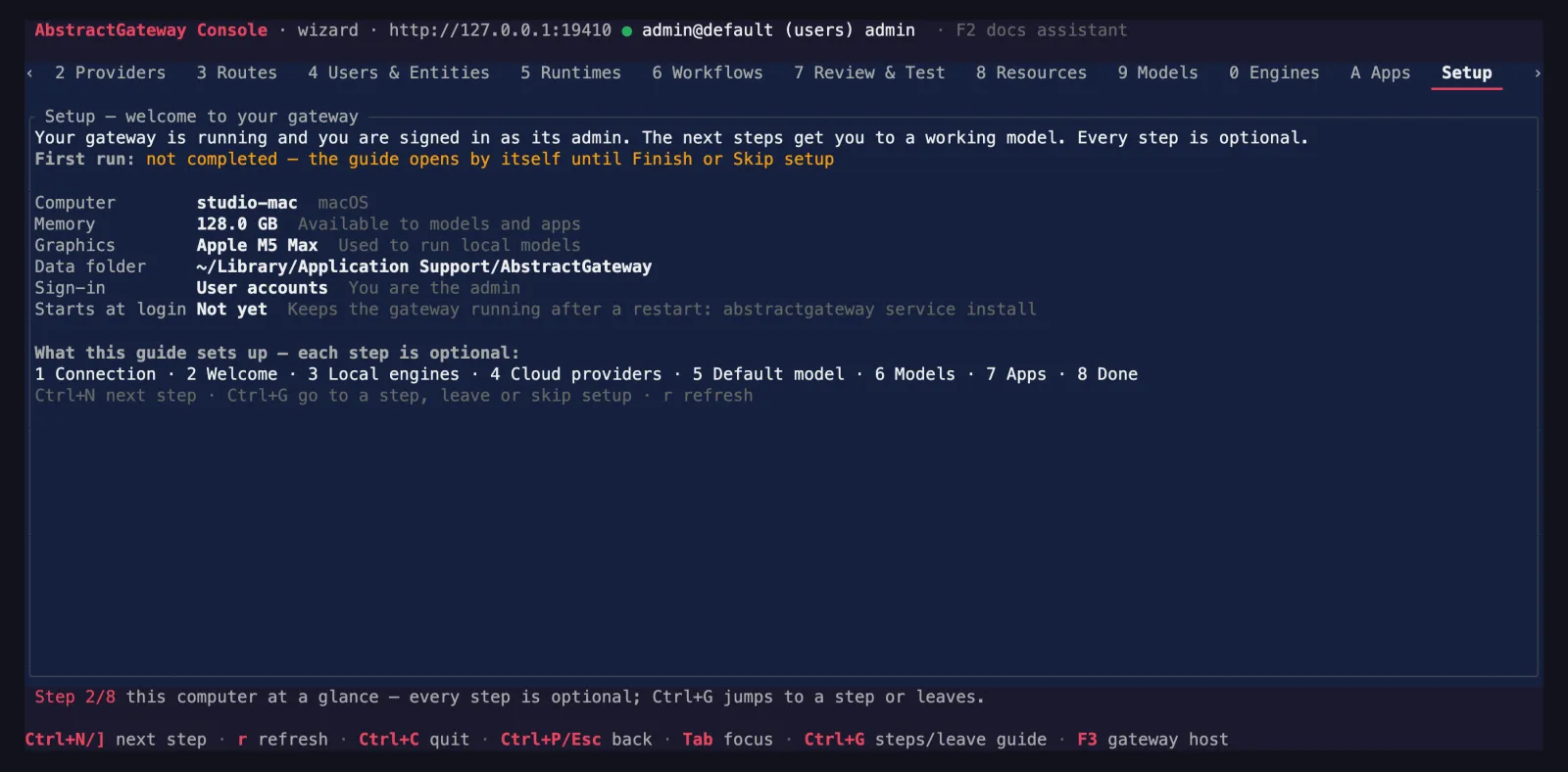 The terminal console abstractgateway-console on its Setup screen: numbered screen tabs, this computer's memory and graphics, data folder, sign-in mode and start at login, and the eight guide steps