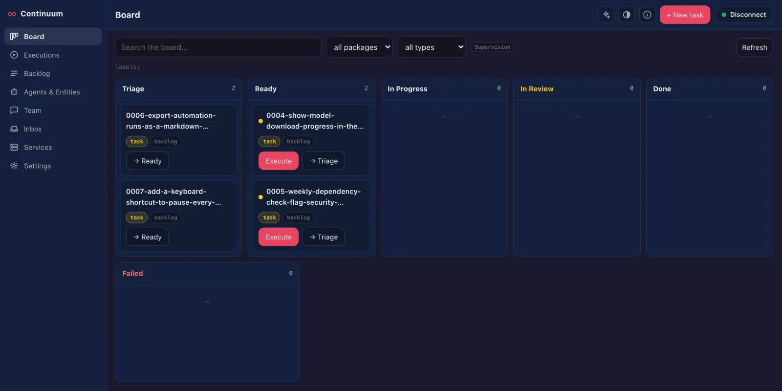 The AbstractContinuum 0.4.0 Board at /apps/continuum/: Triage, Ready, In Progress, In Review and Done columns, with two proposed demo tasks in Triage and two planned tasks with Execute buttons in Ready