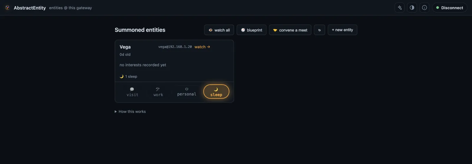 The AbstractEntity 0.3.0 Summoned entities page at /apps/entity/ with one newly created demo entity, Vega, shown asleep, and its visit, work, personal and sleep modes