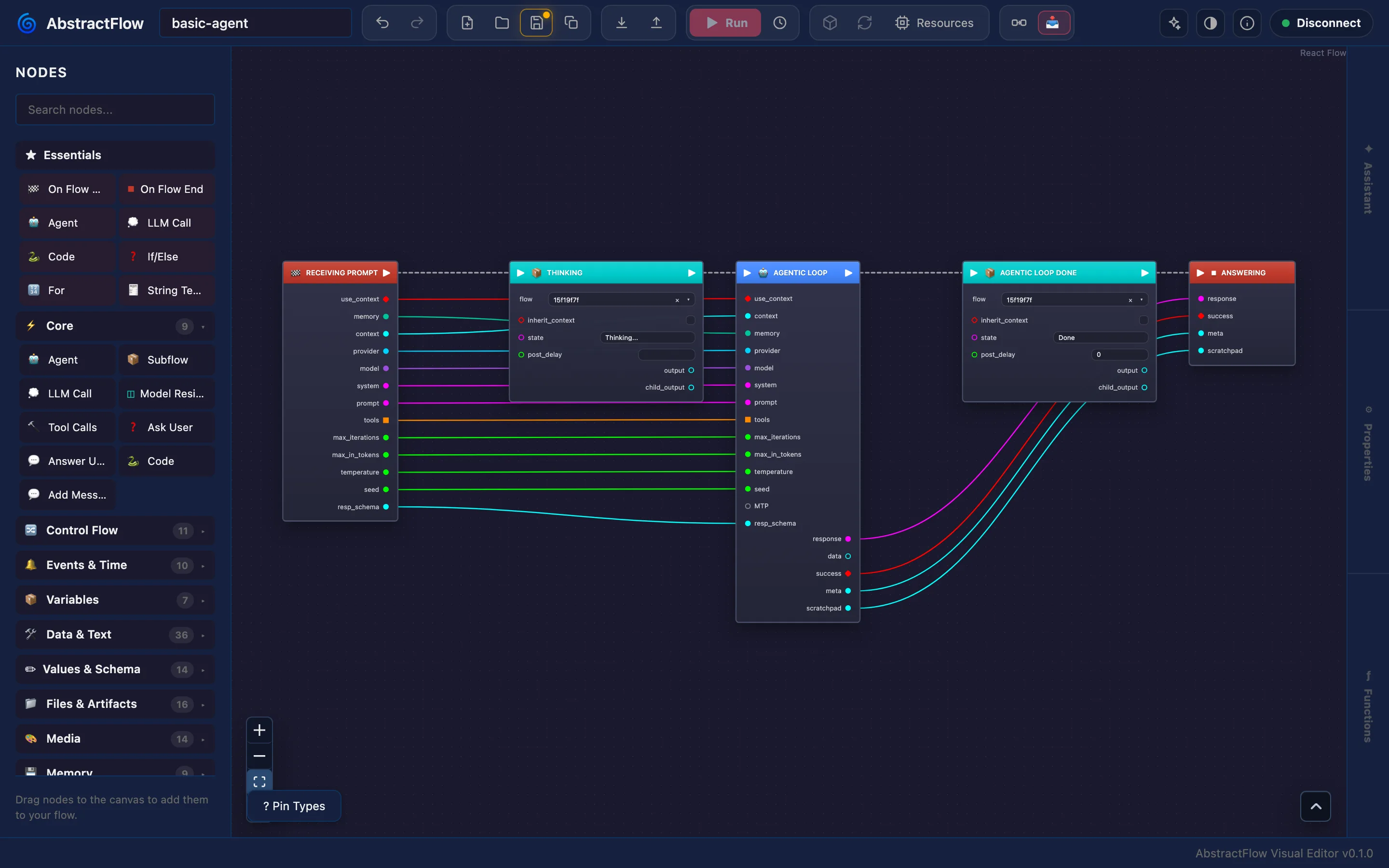 AbstractFlow editor: node palette on the left (Essentials, Core, Control Flow, Events & Time, Variables, Data & Text, Values & Schema, Files & Artifacts, Media, Memory) and the basic-agent workflow: Receiving prompt, Thinking, Agentic loop, Agentic loop done and Answering nodes with their typed pins wired