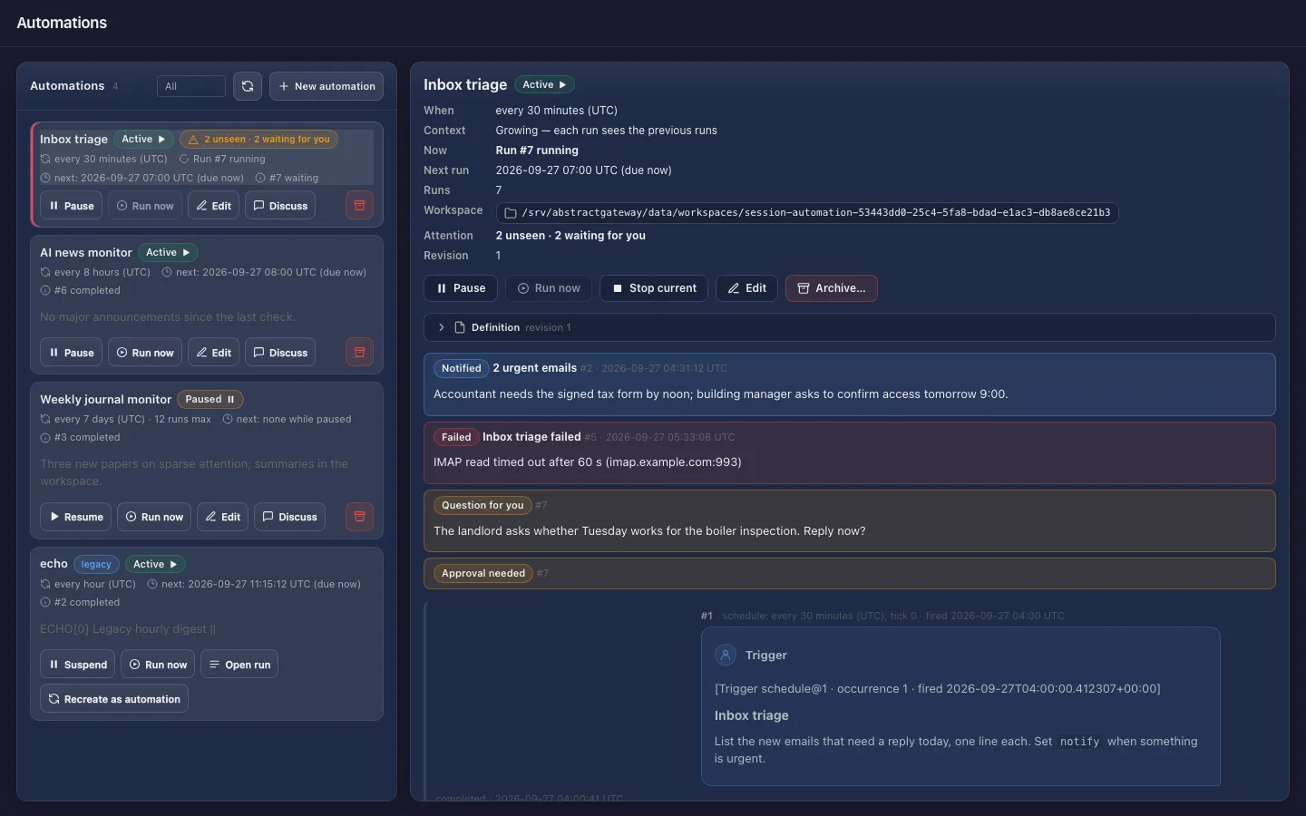 The Observer's Automations page: a list of automations with their interval, state and last result, and one automation opened with its definition, controls, attention items and runs shown as chat turns