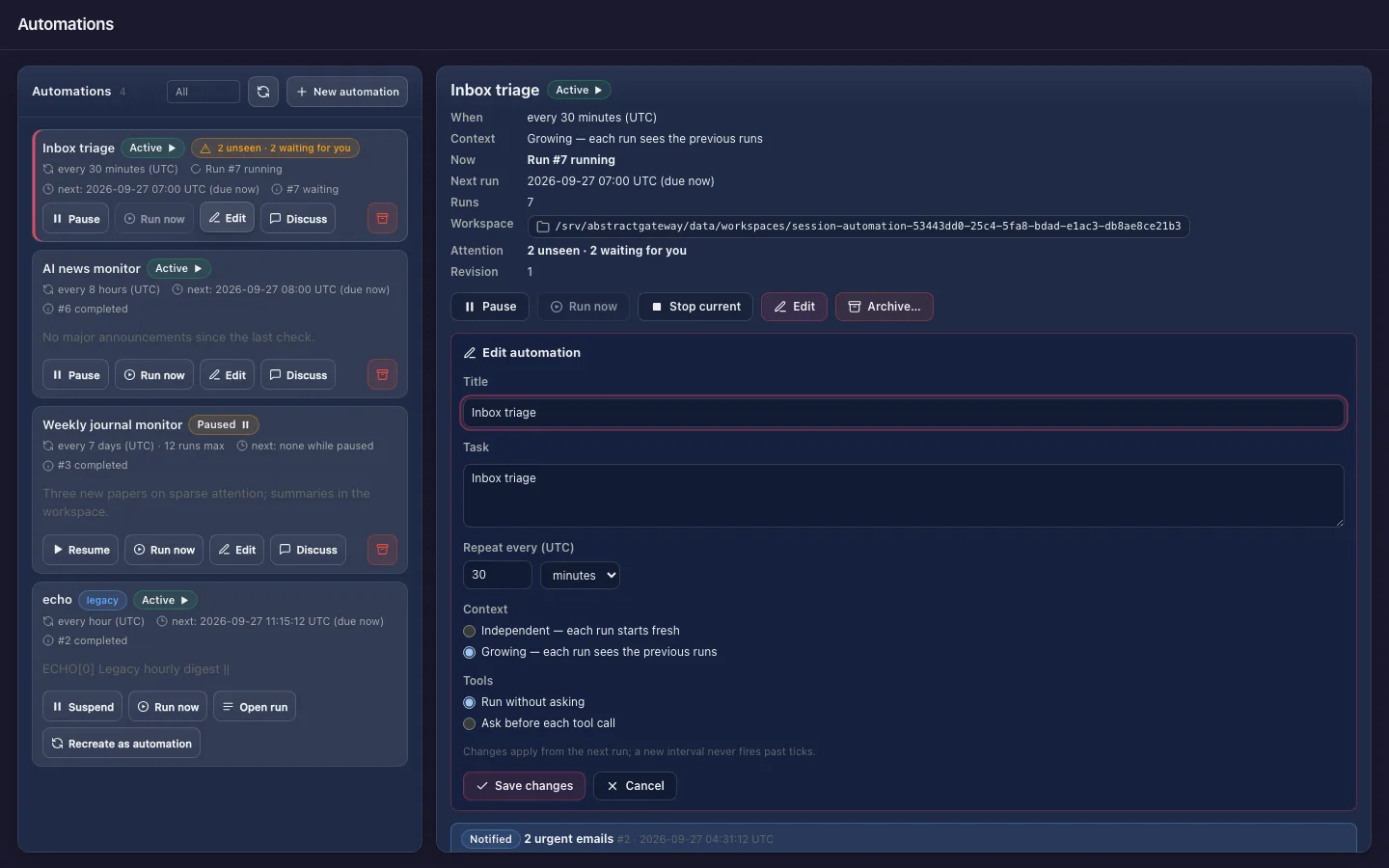 The Observer's Edit automation form, prefilled with the title, task, a 30-minute interval, growing context and tool approval