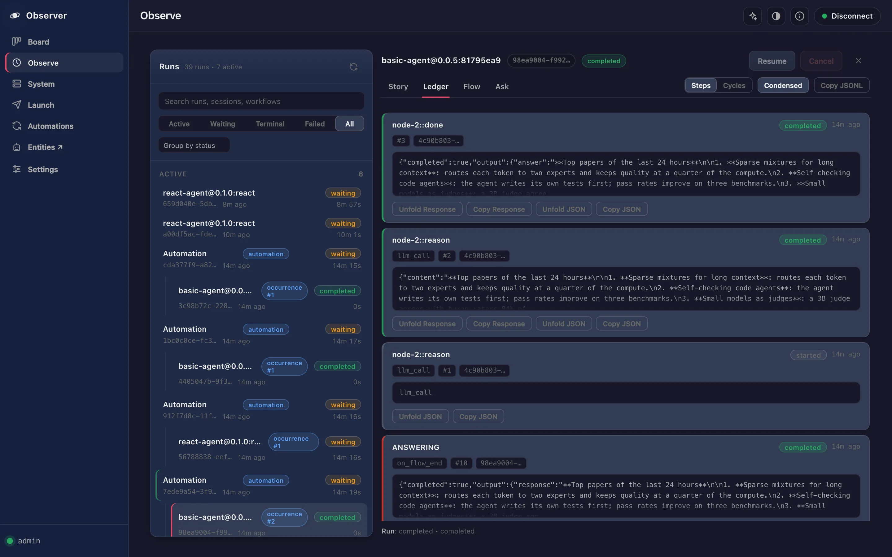 Observer Ledger tab of a completed run: ledger records node-2::done, node-2::reason (llm_call, completed and started) and ANSWERING (on_flow_end) with their JSON payloads and Unfold / Copy buttons, plus Steps / Cycles / Condensed / Copy JSONL controls