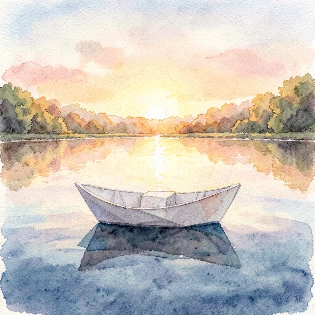 A watercolor paper boat on a calm lake at sunrise, generated with FLUX.2 Klein
