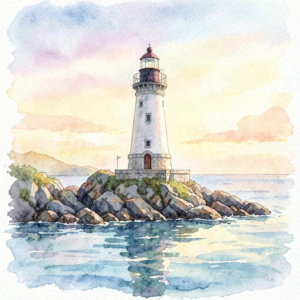 A watercolor white lighthouse with a red lantern room on green-topped rocks above a calm sea at dawn, generated by the Python (with defaults) example